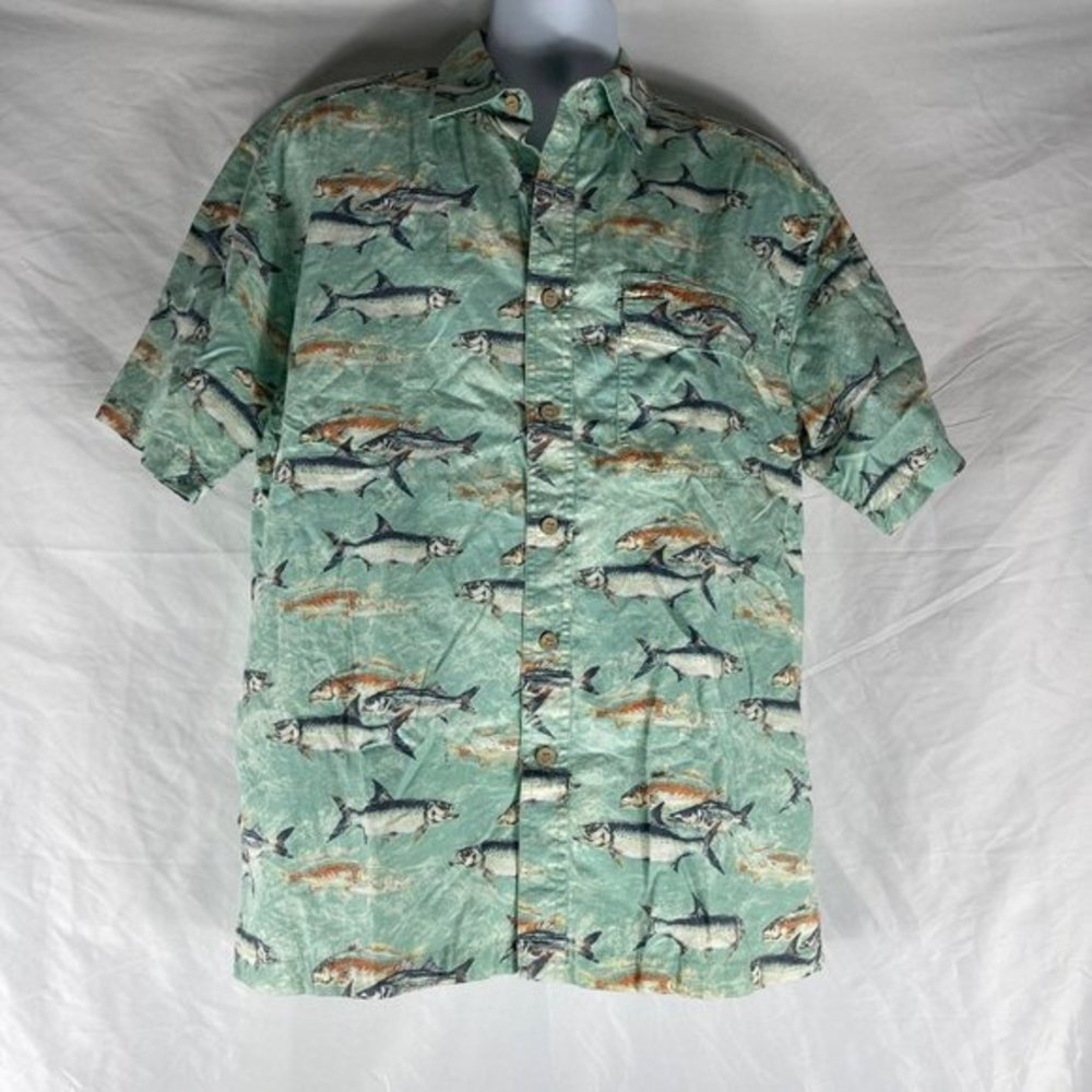Reel Legends Mens Fish Print‎ Fishing Shirt Short Sleeve Cotton Green Medium